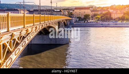 Three way bridge connecting the Margaret island with Buda and Pest across Danube. Budapest, Hungary Stock Photo