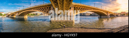 Three way bridge connecting the Margaret island with Buda and Pest across Danube. Budapest, Hungary Stock Photo