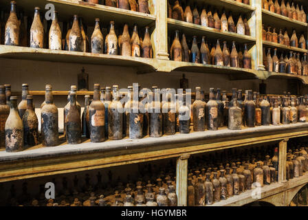 Showroom with old dust covered sherry bottles, winery Bodega Gonzalez Byass, Jerez de la Frontera, Cadiz province, Andalusia Stock Photo