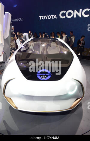 Las Vegas, USA. 04th Jan, 2017. The prototype of a self-driving Toyota Concept-i car with artificial intelligence at the Consumer Elctronics Show (CES) in Las Vegas, USA, 04 January 2017. The light at the front of the car tells pedestarians and drivers whether the car is currently being controlled by a human driver or its computer. Photo: Andrej Sokolow/dpa/Alamy Live News Stock Photo