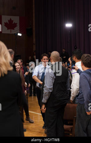 London, Canada, 13th January, 2017. Justin Trudeau, Prime Minister of Canada, arriving at a town hall Q&A in the Alumni Hall of London's University of Western Ontario. London was one of his stops as part of his cross-country tour. Credit: Rubens Alarcon/Alamy Live News Stock Photo