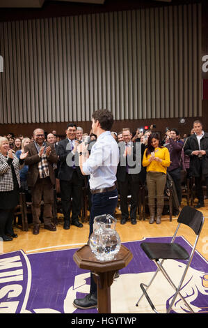 London, Canada, 13th January, 2017. Justin Trudeau, Prime Minister of Canada, participates in a town hall Q&A in the Alumni Hall of London's University of Western Ontario. London was one of his stops as part of his cross-country tour. Credit: Rubens Alarcon/Alamy Live News Stock Photo