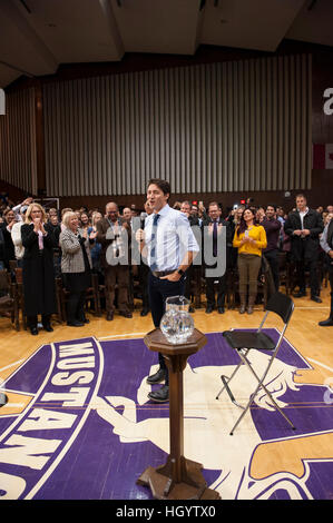 London, Canada, 13th January, 2017. Justin Trudeau, Prime Minister of Canada, participates in a town hall Q&A in the Alumni Hall of London's University of Western Ontario. London was one of his stops as part of his cross-country tour. Credit: Rubens Alarcon/Alamy Live News Stock Photo