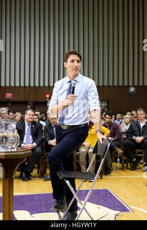 London, Ontario, Canada, 13th January, 2017. Justin Trudeau, Prime Minister of Canada, listens to a question in a town hall Q&A in the Alumni Hall of London's University of Western Ontario. London was one of his stops as part of his cross-country tour. Credit: Rubens Alarcon/Alamy Live News Stock Photo