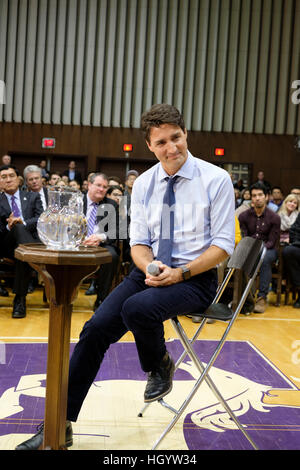 London, Ontario, Canada, 13th January, 2017. Justin Trudeau, Prime Minister of Canada, listens to a question in a town hall Q&A in the Alumni Hall of London's University of Western Ontario. London was one of his stops as part of his cross-country tour. Credit: Rubens Alarcon/Alamy Live News Stock Photo