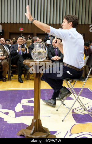 London, Ontario, Canada, 13th January, 2017. Justin Trudeau, Prime Minister of Canada, participates in a town hall Q&A in the Alumni Hall of London's University of Western Ontario. London was one of his stops as part of his cross-country tour. Credit: Rubens Alarcon/Alamy Live News Stock Photo