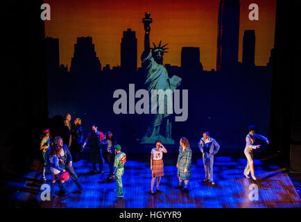 Actors in the musicals 'Ich war noch niemals in New York' (I've never been to New York) stand on stage during a rehearsal in Hamburg, Germany, 14 January 2017. Ten years after its premiere, the musical returns to Hamburg in 19 January 2017. Photo: Daniel Bockwoldt/dpa Stock Photo