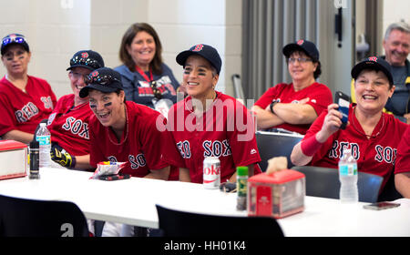 Fort Myers, Florida, USA. 12th Jan, 2017. Campers share a laugh as the rosters of the four teams are announced during the 2nd annual Boston Red Sox Women's Fantasy Camp at jetBlue Park. The five-day camp features instruction from former Red Sox players at the facility lovingly known as Fenway South, and an opportunity to play a game at the real Fenway Park in Boston during the 2017 MLB season in Florida, USA. Credit: Brian Cahn/ZUMA Wire/Alamy Live News Stock Photo
