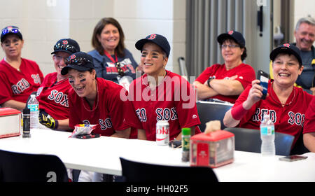 Fort Myers, Florida, USA. 12th Jan, 2017. Campers share a laugh as the rosters of the four teams are announced during the 2nd annual Boston Red Sox Women's Fantasy Camp at jetBlue Park. The five-day camp features instruction from former Red Sox players at the facility lovingly known as Fenway South, and an opportunity to play a game at the real Fenway Park in Boston during the 2017 MLB season. Credit: Brian Cahn/ZUMA Wire/Alamy Live News Stock Photo