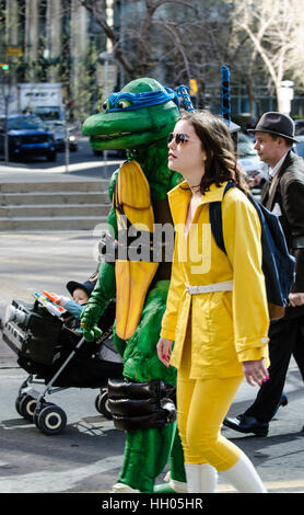 Calgary, Alberta, Canada - April 17 2015: Leonardo and April of the Teenage Mutant Ninja Turtle cosplay from Calgary Comic Expo Stock Photo