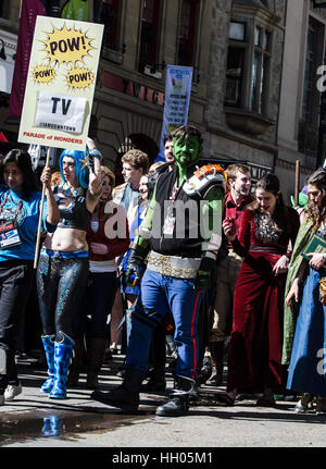 Calgary, Alberta, Canada - April 17 2015: Collection of cosplayers at the Parade of Wonders for the Calgary Comic Expo Stock Photo