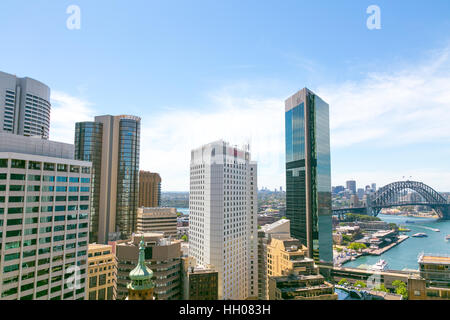 view of Sydney harbour and harbour bridge and  office buildings looking north, Sydney,Australia Stock Photo