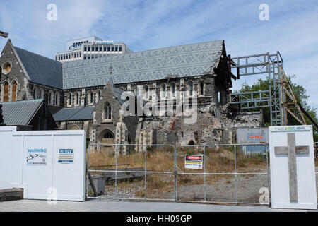 Christchurch Cathedral in 2017, damaged in the earthquake that struck the New Zealand city in 2011. Stock Photo