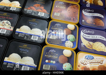 Tubs of ice-cream for sale in a New Zealand supermarket. Stock Photo
