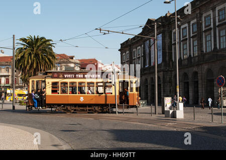 Porto, Portugal, Europe: a typical tram on the rails in the streets of the Old City Stock Photo