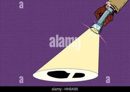 Detective flashlight beam shines on trail shoes Stock Vector