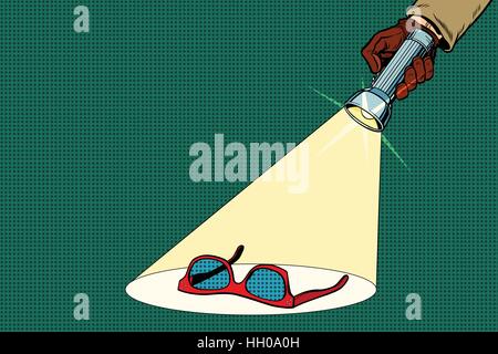 Detective flashlight beam shines on womens red sunglasses Stock Vector