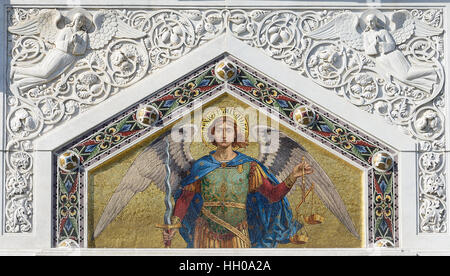 Mosaic of Saint Michael on the facade of the Serbian Orthodox Church in Trieste. Stock Photo