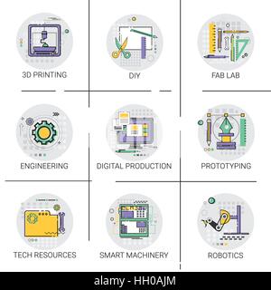 Smart Machinery Industrial Automation Production Icon Set, 3d Printing Tech Resources Fab Lab Collection Stock Vector