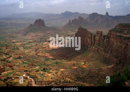 Gheralta mountains, near Hawzen, Eastern Tigray, Ethiopia. View from one of the peaks of the surrounding Gheralta mountains. In this region of mountai Stock Photo