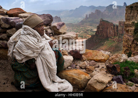 Gheralta mountains, near Hawzen, Eastern Tigray, Ethiopia. Nun of the Gheralta mountains. This nun carries on the top of the mountains of Gheralta fro Stock Photo