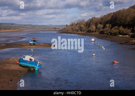 View up the River Axe from the harbour by Seaton north towards Axmouth village. Stock Photo