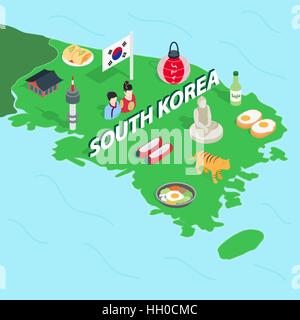 South Korea map, isometric 3d style Stock Vector