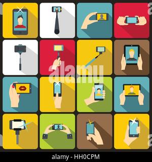 Selfie icons set, flat style Stock Vector