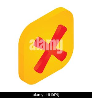 Yellow button with cross icon, isometric 3d style Stock Vector