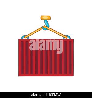 Crane lifts red container icon, cartoon style Stock Vector