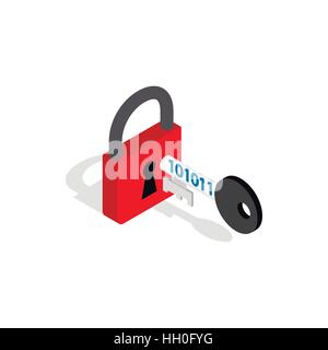 Red padlock and key icon, isometric 3d style Stock Vector