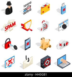 Hacking icons set, isometric 3d style Stock Vector