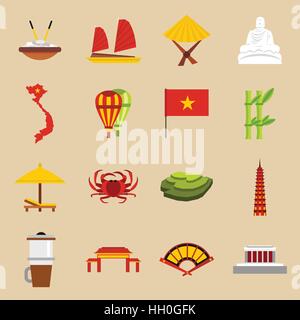 Vietnam travel icons set, flat style Stock Vector