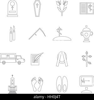 Death and funeral icons set, outline style Stock Vector