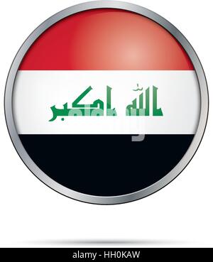 Vector Iraqi flag Button. Iraq flag in glass button style with metal frame. Stock Vector