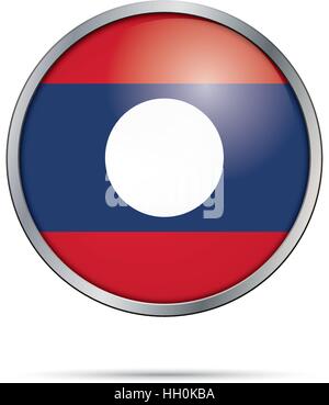 Vector Laotian flag Button. Laos flag in glass button style with metal frame. Stock Vector