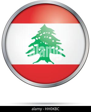 Vector Lebanese flag Button. Lebanon flag in glass button style with metal frame. Stock Vector