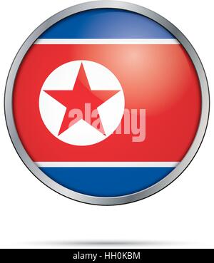 Vector North-Korean flag Button. North Korea flag in glass button style with metal frame. Stock Vector