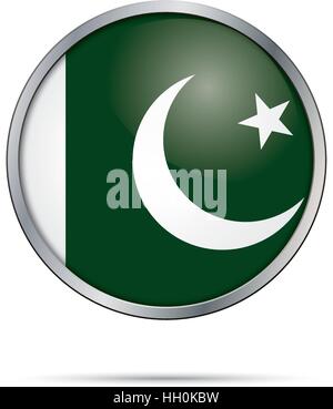 Vector Pakistani flag Button. Pakistan flag in glass button style with metal frame. Stock Vector