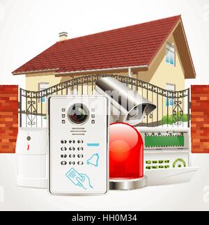 Home security system concept - motion detector, gas sensor, cctv camera, alarm siren Stock Vector