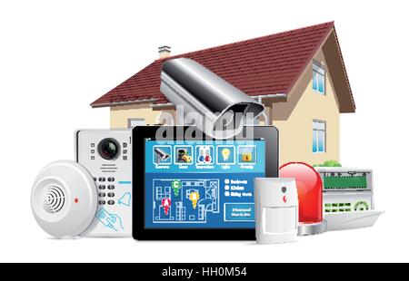 Home security system concept - motion detector, gas sensor, cctv camera, alarm siren Stock Vector