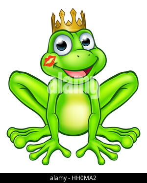 A cute cartoon frog prince fairy tale mascot character wearing a golden crown with a lipstick kiss mark on his cheek Stock Photo