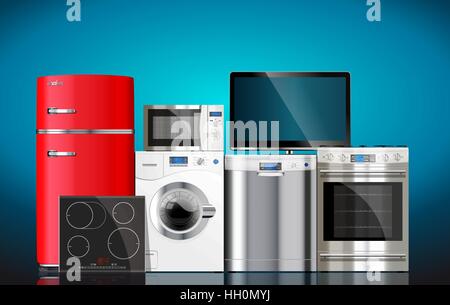 Kitchen and house appliances: microwave, washing machine, refrigerator, gas stove, dishwasher, tv Stock Vector