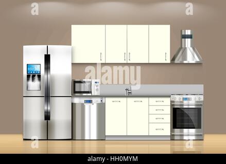 Kitchen and house appliances: microwave, refrigerator, gas stove, dishwasher, range cooker hood, Stock Vector