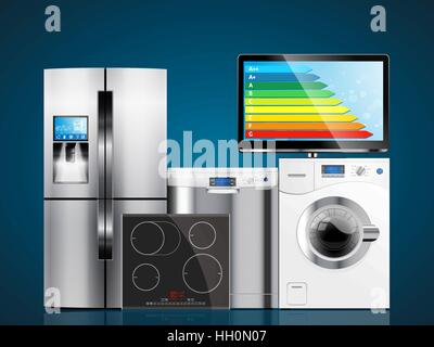 Kitchen and house appliances: microwave, refrigerator, gas stove, dishwasher, range cooker hood, Stock Vector
