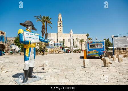 JAFFA, Tel Aviv,  ISRAEL- April 4, 2016:  View on welcome fugure of french soldier on a square near the St.Peter's Church  in Old Jaffa, Israel. Stock Photo