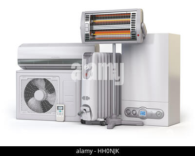 Heating devices and climate equipment.  Heating household appliances. Gas boiler, air conditioner, oil and radiant electric heaters isolated on white Stock Photo