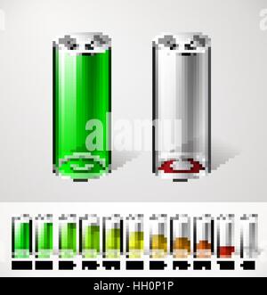 Battery charge concept - full and empty batteries on white and gray background Stock Vector