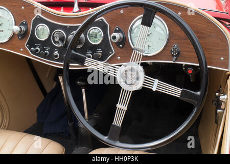 Steering wheel and dashboard of  a 1936 MG TA sports car Stock Photo