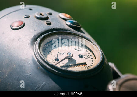 Close View Of The Speedometer At The Mechanical Dashboard Of Old Rarity Gray Motorbike Stock Photo